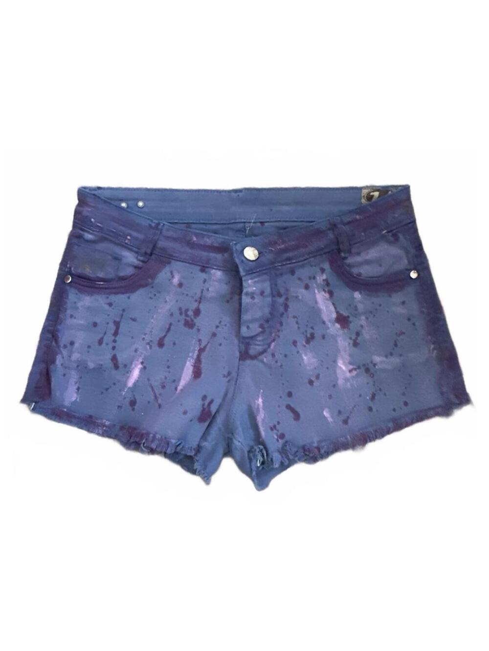 Upcycled Denim Jean Micro Mini Shorts Handpainted One of a Kind with Patches - Picture 4 of 9